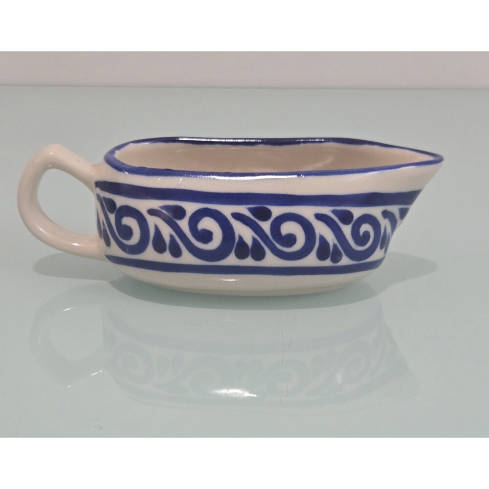 Vintage Mexican Pottery Gravy Boat Blue White Hand Painted Sauce Server 6”